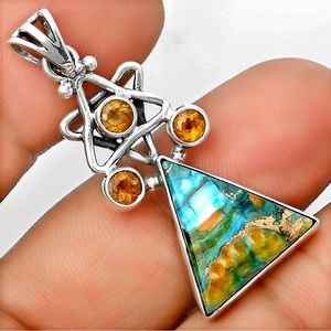 925 Sterling Silver Handcrafted Spiny Oyster Turquoise &Citrine Enhancer Pendant